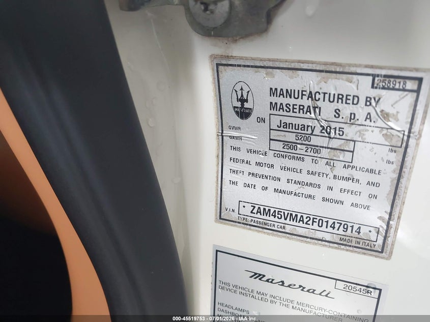 2015 Maserati Granturismo VIN ZAM45VMA2F0147914 IAAI salvage auction — RIGHT SIDE, Rebuildable (Florida), sold $8,300 on 2026-07-29 (photo 9)