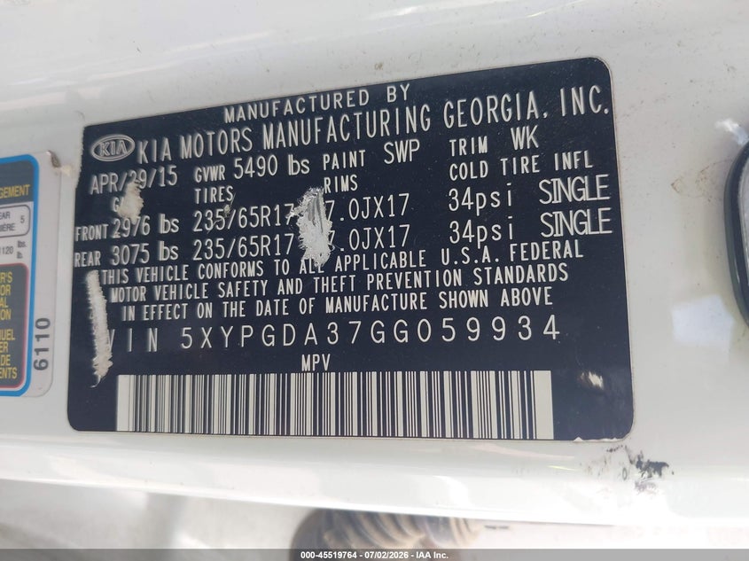 2016 Kia Sorento VIN 5XYPGDA37GG059934 IAAI salvage auction — NORMAL WEAR, Clear (Washington), sold $1,050 on 2026-07-28 (photo 9)