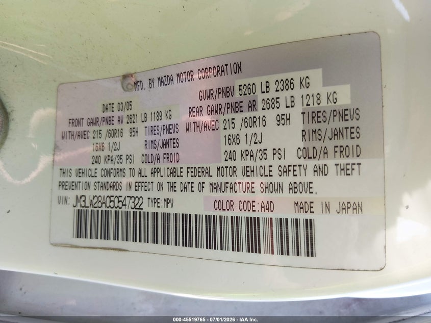 2005 Mazda Mpv VIN JM3LW28A050547322 IAAI salvage auction — FRONT END, Clear (Tennessee), sold $25 on 2026-07-29 (photo 9)