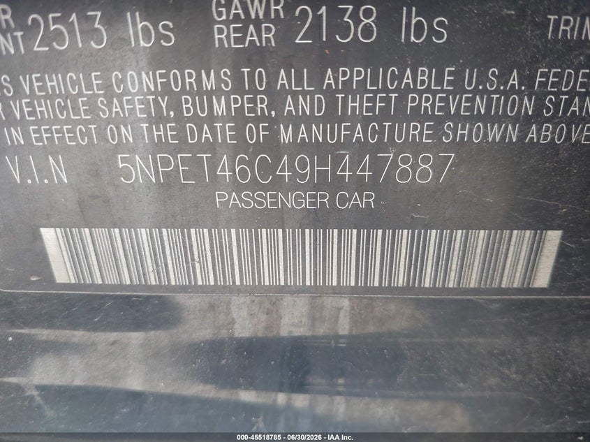 2009 Hyundai Sonata VIN 5NPET46C49H447887 IAAI salvage auction — NORMAL WEAR, Clear - Dealer Only (California), sold $675 on 2026-07-13 (photo 9)