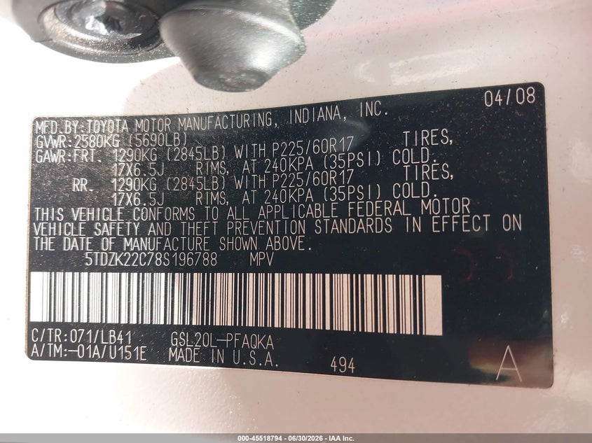 2008 Toyota Sienna VIN 5TDZK22C78S196788 IAAI salvage auction — NORMAL WEAR, Clear (Virginia), sold $1,725 on 2026-07-08 (photo 9)