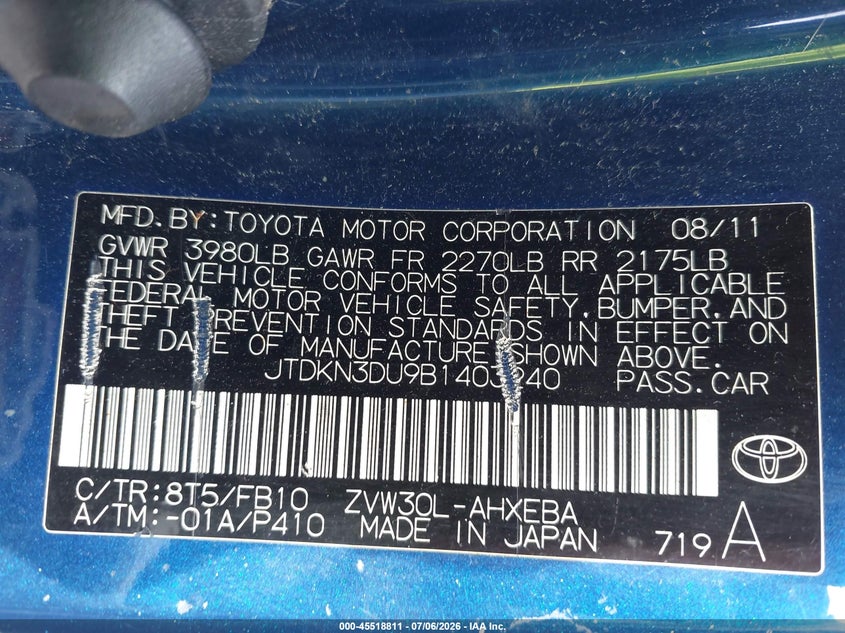 2011 Toyota Prius VIN JTDKN3DU9B1403240 IAAI salvage auction — NORMAL WEAR, Original (Maine), sold $875 on 2026-07-27 (photo 9)