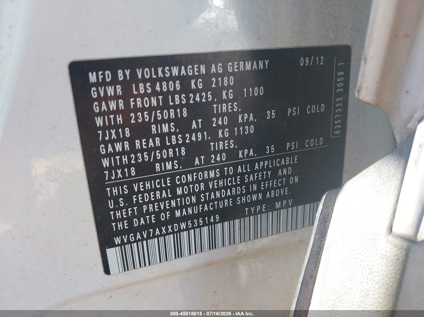 2013 Volkswagen Tiguan VIN WVGAV7AXXDW535149 IAAI salvage auction — REAR END, Salvage Title, sold $350 on 2026-08-06 (photo 9)