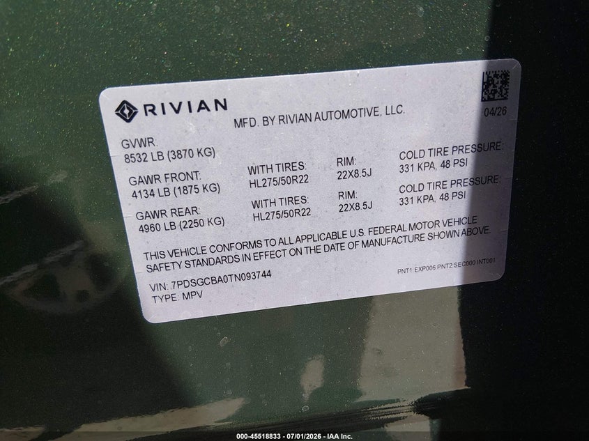 2026 Rivian R1s VIN 7PDSGCBA0TN093744 IAAI salvage auction — RIGHT SIDE, Salvage (Ohio), sold $30,250 on 2026-07-23 (photo 9)
