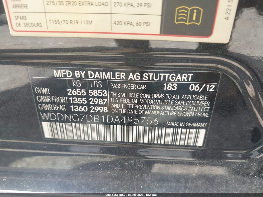 2013 Mercedes-benz S-klasse VIN WDDNG7DB1DA495756 IAAI salvage auction — FRONT END, Salvage Title, sold $1,200 on 2026-08-19 (photo 9)