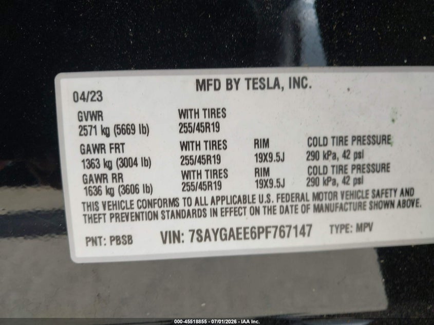 2023 Tesla Model y VIN 7SAYGAEE6PF767147 IAAI salvage auction — FRONT END, Salvage (California), sold $11,000 on 2026-07-13 (photo 9)