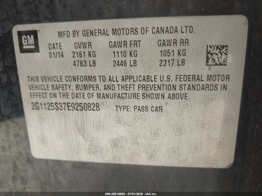 2014 Chevrolet Impala VIN 2G1125S37E9250828 IAAI salvage auction — FRONT END, Salvage Title, sold $1,600 on 2026-07-18 (photo 9)