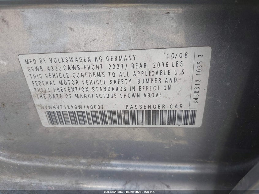 2009 Volkswagen Gti VIN WVWHV71K99W140037 IAAI salvage auction — NORMAL WEAR, Clear (District Of Columbia), sold $400 on 2026-07-29 (photo 9)
