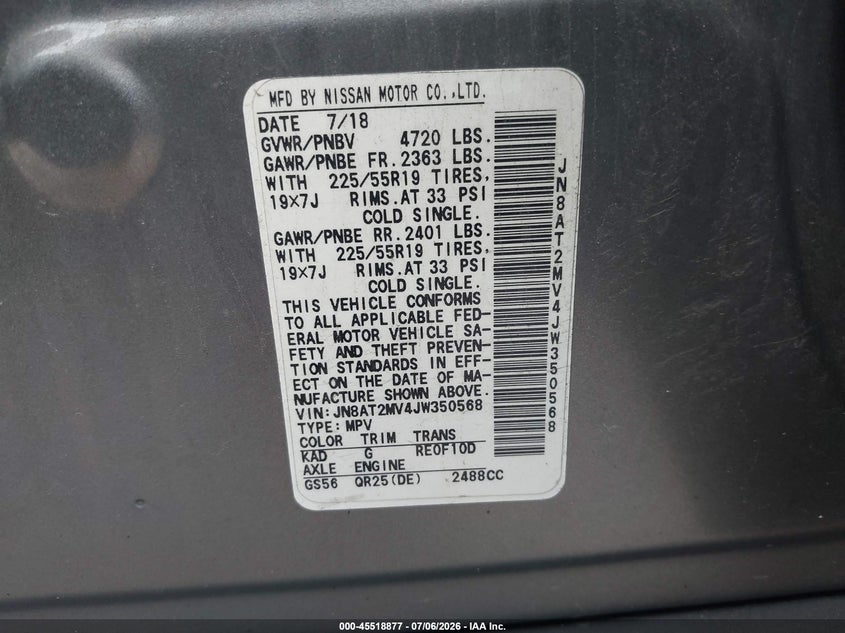 2018 Nissan Rogue VIN JN8AT2MV4JW350568 IAAI salvage auction — HAIL, Salvage (Ohio), sold $3,400 on 2026-07-25 (photo 9)