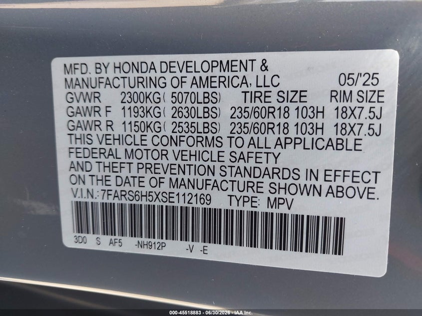 2025 Honda Cr-v VIN 7FARS6H5XSE112169 IAAI salvage auction — LEFT REAR, Rebuildable (Florida), sold $15,300 on 2026-07-29 (photo 9)
