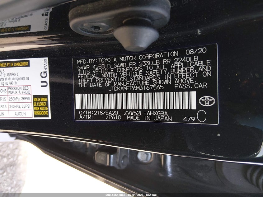 2021 Toyota Prius VIN JTDKAMFP6M3167565 IAAI salvage auction — FRONT END, Salvage Title, sold $4,850 on 2026-07-31 (photo 9)