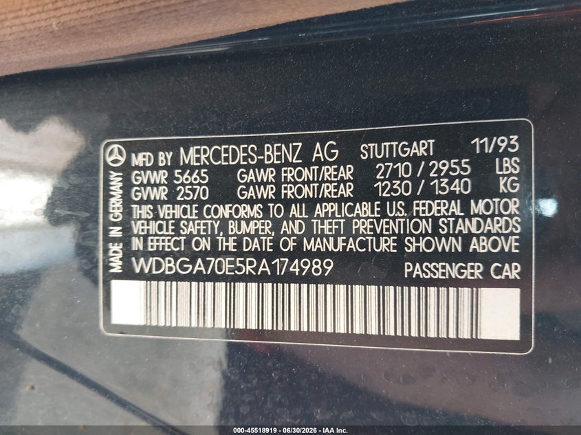 1994 Mercedes-benz S class VIN WDBGA70E5RA174989 IAAI salvage auction — NORMAL WEAR, Duplicate Paperwork (California), sold $275 on 2026-07-09 (photo 9)