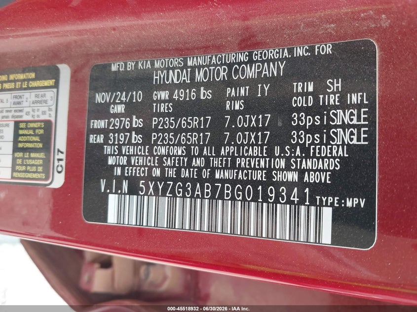 2011 Hyundai Santa fe VIN 5XYZG3AB7BG019341 IAAI salvage auction — NORMAL WEAR, Original (Texas), sold $1,075 on 2026-07-14 (photo 9)