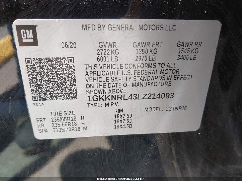 2020 Gmc Acadia VIN 1GKKNRL43LZ214093 IAAI salvage auction — NORMAL WEAR, Sf97 (California), sold $7,600 on 2026-07-30 (photo 9)
