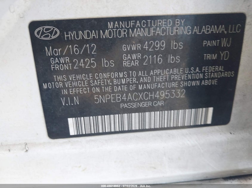 2012 Hyundai Sonata VIN 5NPEB4ACXCH495332 IAAI salvage auction — FRONT END, Salvage Title, sold $600 on 2026-07-22 (photo 9)