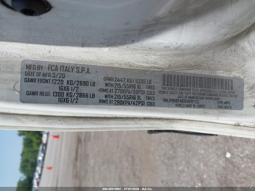2020 Ram Promaster city VIN ZFBHRFABXL6R91725 IAAI salvage auction — NORMAL WEAR, Clear (Michigan), sold $1,700 on 2026-07-06 (photo 9)