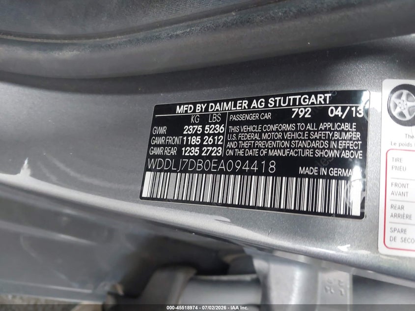2014 Mercedes-benz Cls-klasse VIN WDDLJ7DB0EA094418 IAAI salvage auction — FRONT END, Salvage Title, sold $4,300 on 2026-08-05 (photo 9)