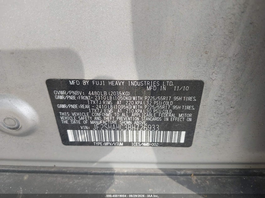 2011 Subaru Forester VIN JF2SHAHC3BH726933 IAAI salvage auction — NORMAL WEAR, Clear (Pennsylvania), sold $475 on 2026-07-31 (photo 9)