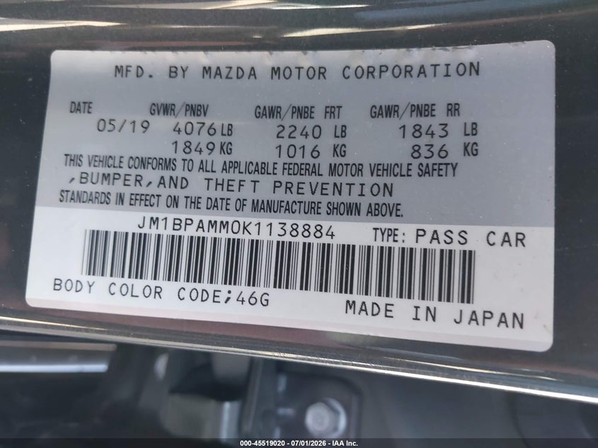 2019 Mazda 3 VIN JM1BPAMM0K1138884 IAAI salvage auction — RIGHT FRONT, Salvage Title, sold $5,100 on 2026-08-01 (photo 9)