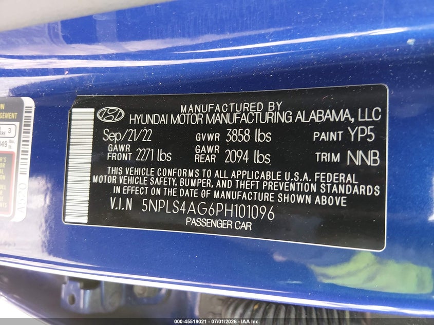 2023 Hyundai Elantra VIN 5NPLS4AG6PH101096 IAAI salvage auction — FRONT & REAR, Salvage Title, sold $4,700 on 2026-07-31 (photo 9)