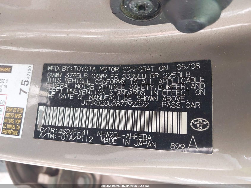 2008 Toyota Prius VIN JTDKB20U287792222 IAAI salvage auction — NORMAL WEAR, Clear (Montana), sold $25 on 2026-07-30 (photo 9)