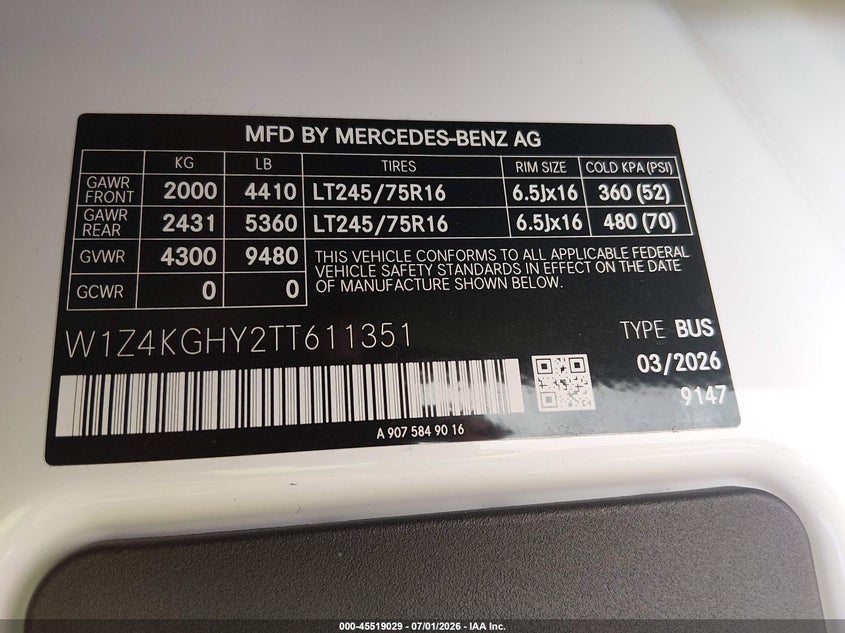 2026 Mercedes-benz Sprinter VIN W1Z4KGHY2TT611351 IAAI salvage auction — ENGINE DAMAGE, Enterprise Vehicles Clear Only (California), sold $14,200 on 2026-07-30 (photo 9)