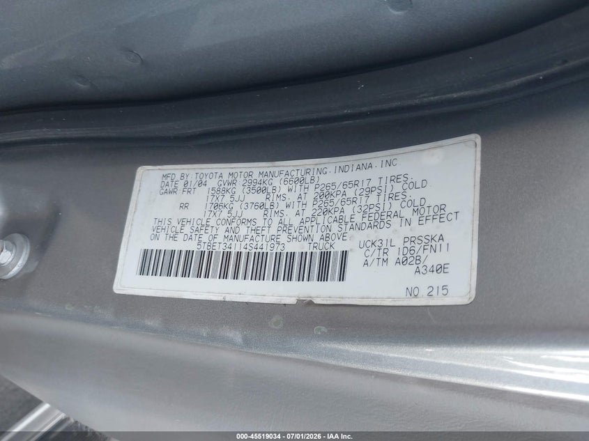 2004 Toyota Tundra VIN 5TBET34114S441973 IAAI salvage auction — FRONT END, Clear (Virginia), sold $525 on 2026-07-28 (photo 9)