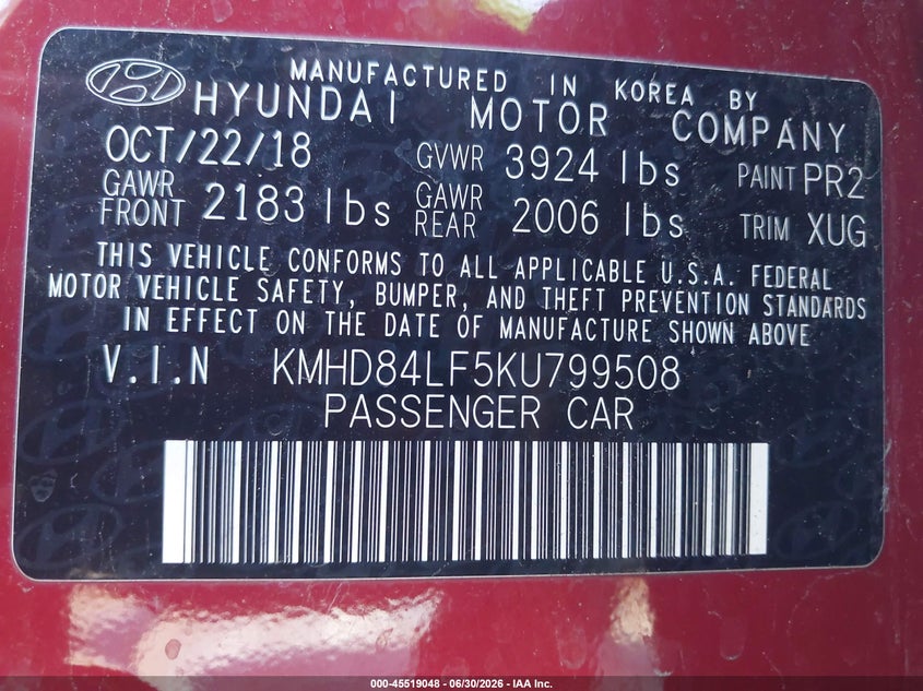 2019 Hyundai Elantra VIN KMHD84LF5KU799508 IAAI salvage auction — FRONT END, Salvage (Arizona), sold $1,800 on 2026-07-28 (photo 9)