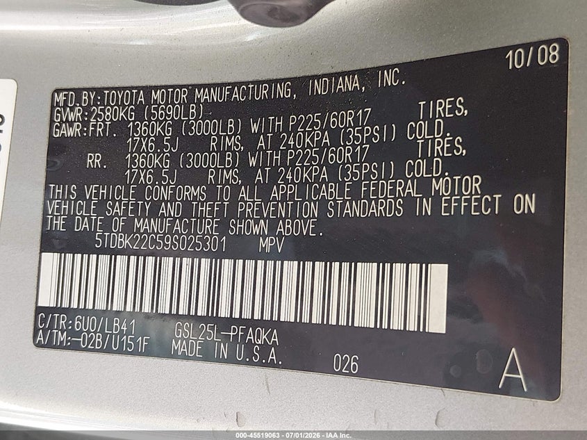 2009 Toyota Sienna VIN 5TDBK22C59S025301 IAAI salvage auction — NORMAL WEAR, Regular (Nevada), sold $425 on 2026-07-17 (photo 9)