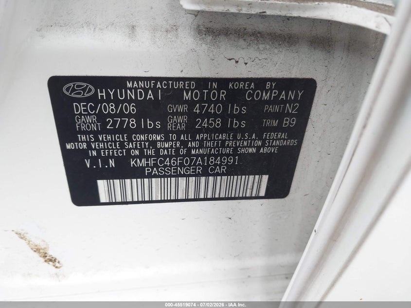 2007 Hyundai Azera VIN KMHFC46F07A184991 IAAI salvage auction — REAR END, Salvage Certificate (California), sold $1,650 on 2026-08-02 (photo 9)