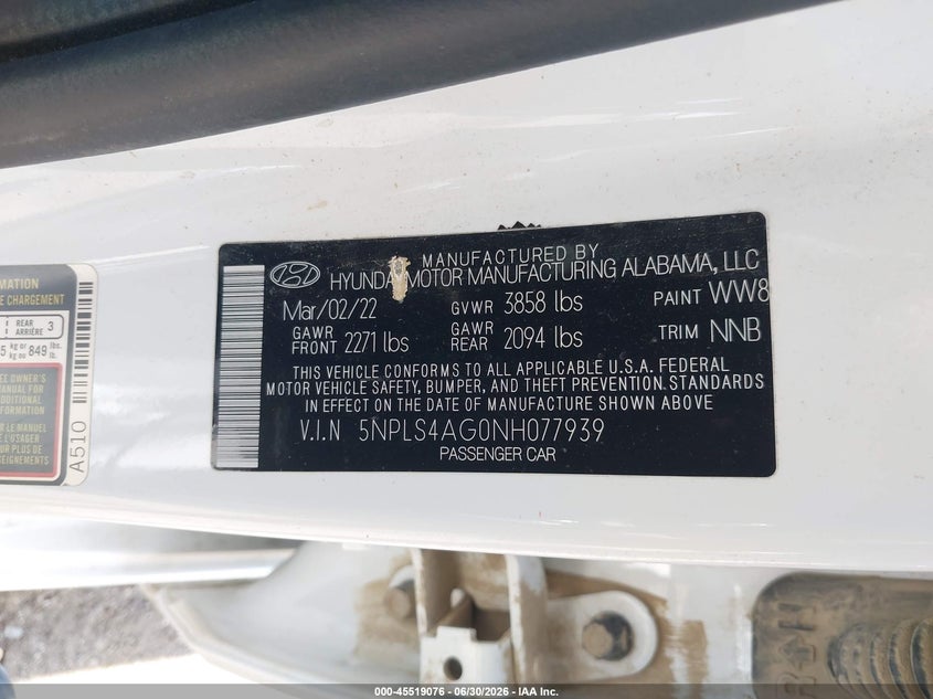2022 Hyundai Elantra VIN 5NPLS4AG0NH077939 IAAI salvage auction — FRONT END, Salvage Title, sold $3,500 on 2026-08-21 (photo 9)