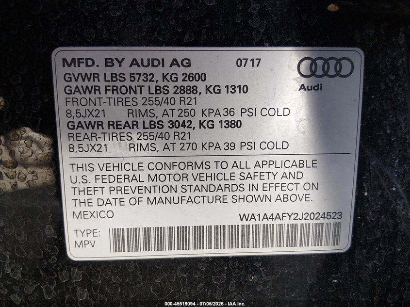 2018 Audi Sq5 VIN WA1A4AFY2J2024523 IAAI salvage auction — ENGINE DAMAGE, Clear (Utah), sold $5,200 on 2026-07-24 (photo 9)