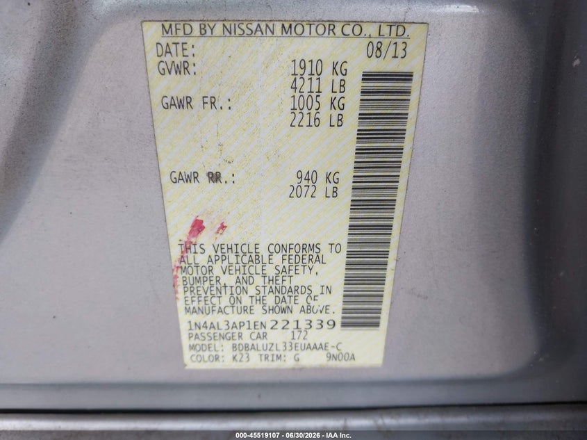 2014 Nissan Altima VIN 1N4AL3AP1EN221339 IAAI salvage auction — FRONT END, Salvage Title, sold $300 on 2026-08-22 (photo 9)