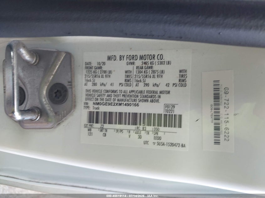 2021 Ford Transit connect VIN NM0GE9E2XM1490166 IAAI salvage auction — NORMAL WEAR, Sf97 (Hawaii), sold $2,050 on 2026-07-28 (photo 9)
