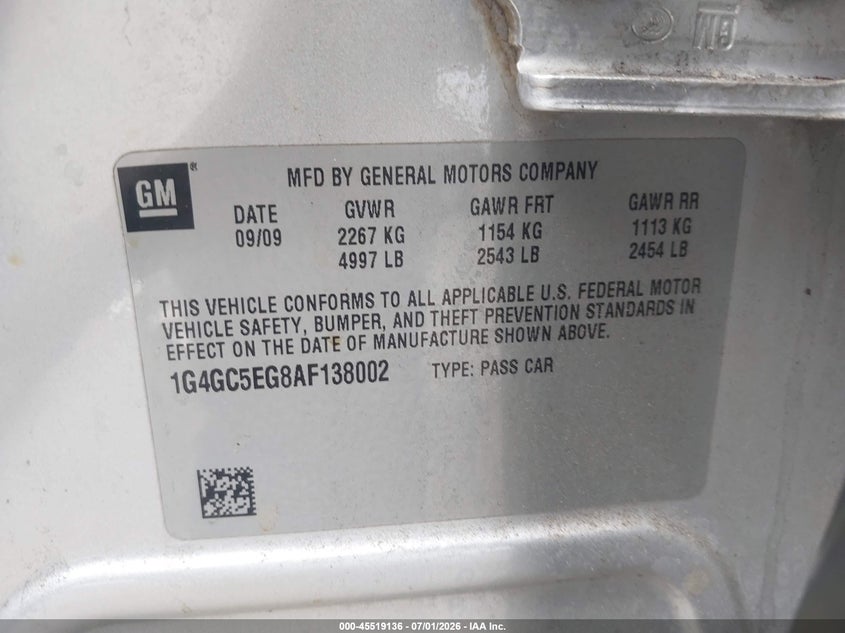 2010 Buick Lacrosse VIN 1G4GC5EG8AF138002 IAAI salvage auction — NORMAL WEAR, Clear - Dealer Only (California), sold $450 on 2026-07-21 (photo 9)