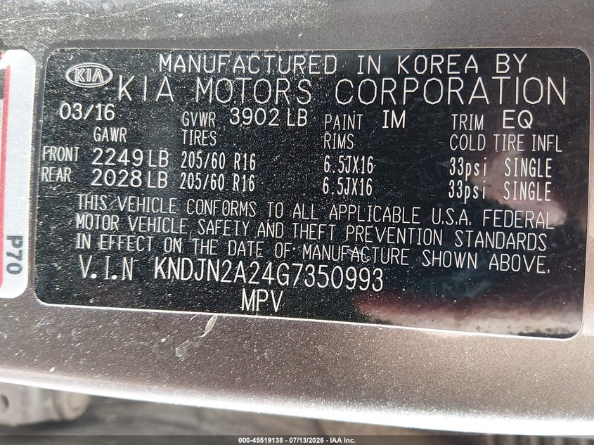 2016 Kia Soul VIN KNDJN2A24G7350993 IAAI salvage auction — HAIL, Salvage (Kansas), sold $1,700 on 2026-07-31 (photo 9)