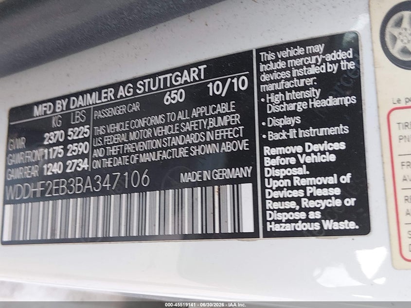 2011 Mercedes-benz E-class VIN WDDHF2EB3BA347106 IAAI salvage auction — NORMAL WEAR, Original (Texas), sold $1,950 on 2026-07-21 (photo 9)