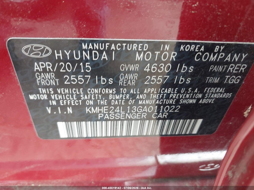 2016 Hyundai Sonata VIN KMHE24L13GA011022 IAAI salvage auction — NORMAL WEAR, Clear (Massachusetts), sold $425 on 2026-07-31 (photo 9)