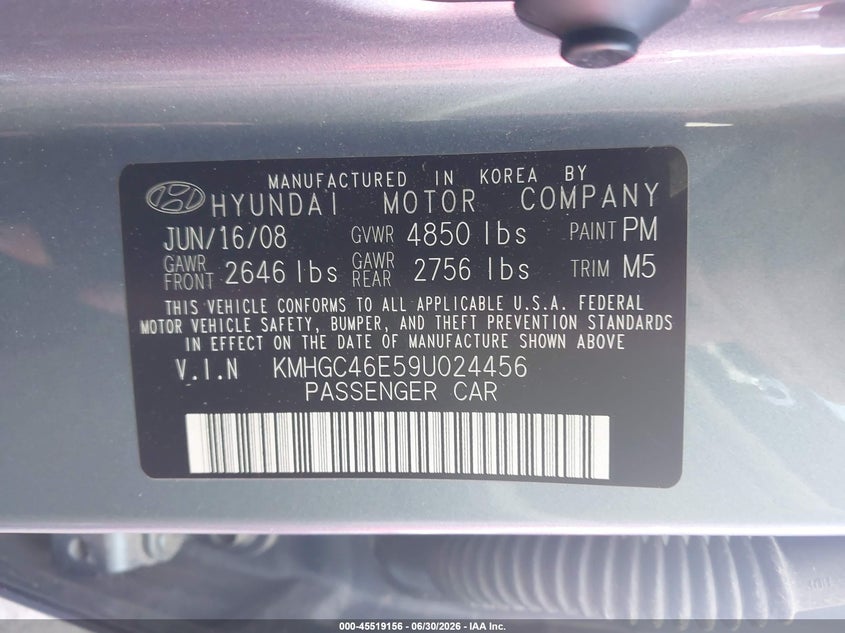 2009 Hyundai Genesis VIN KMHGC46E59U024456 IAAI salvage auction — NORMAL WEAR, Clear (North Carolina), sold $375 on 2026-07-16 (photo 9)