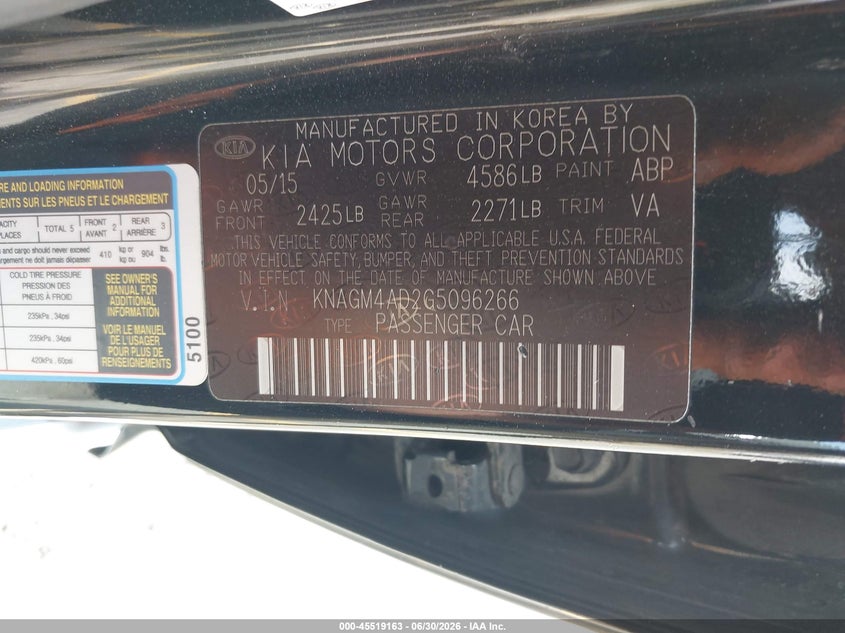 2016 Kia Optima hybrid VIN KNAGM4AD2G5096266 IAAI salvage auction — MECHANICAL, Clear - Dealer Only (California), sold $275 on 2026-07-28 (photo 9)