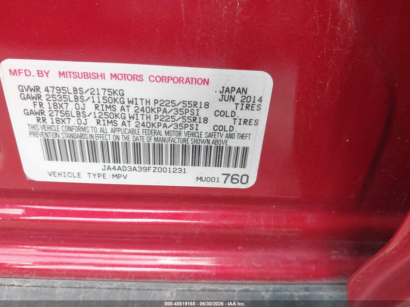 2015 Mitsubishi Outlander VIN JA4AD3A39FZ001231 IAAI salvage auction — NORMAL WEAR, Original (Texas), sold $1,400 on 2026-07-16 (photo 9)