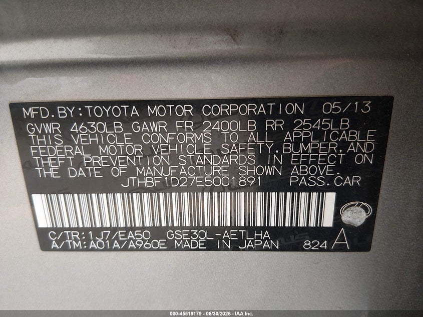 2014 Lexus Is VIN JTHBF1D27E5001891 IAAI salvage auction — RIGHT SIDE, Salvage (California), sold $1,050 on 2026-07-29 (photo 9)