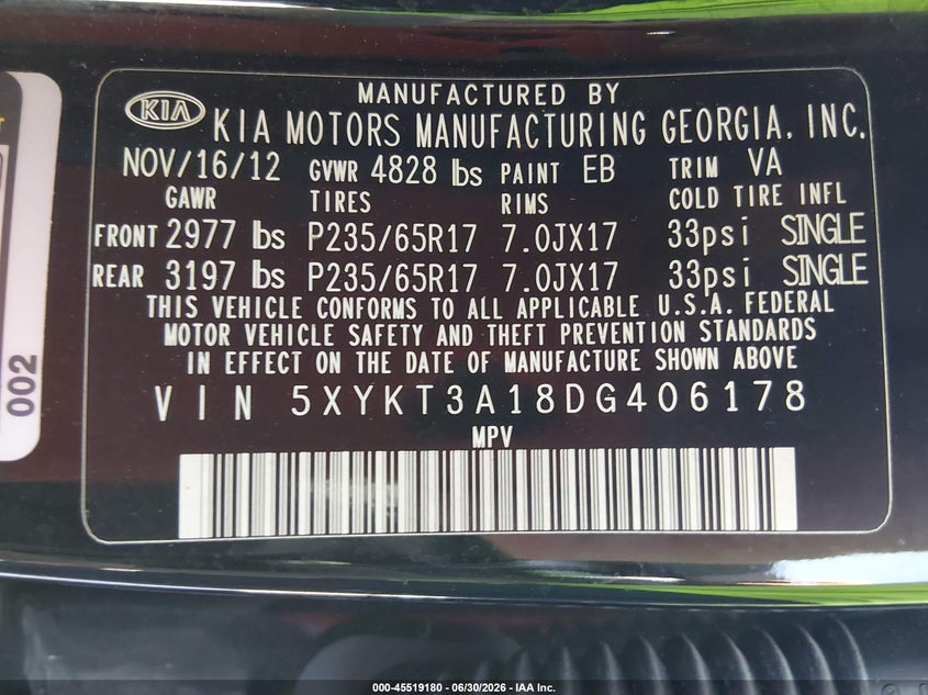 2013 Kia Sorento VIN 5XYKT3A18DG406178 IAAI salvage auction — UNKNOWN, Salvage (Texas), sold $400 on 2026-07-13 (photo 9)