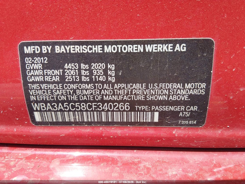 2012 BMW 3er VIN WBA3A5C58CF340266 IAAI salvage auction — SIDE, Salvage (South Carolina), sold $700 on 2026-08-02 (photo 9)