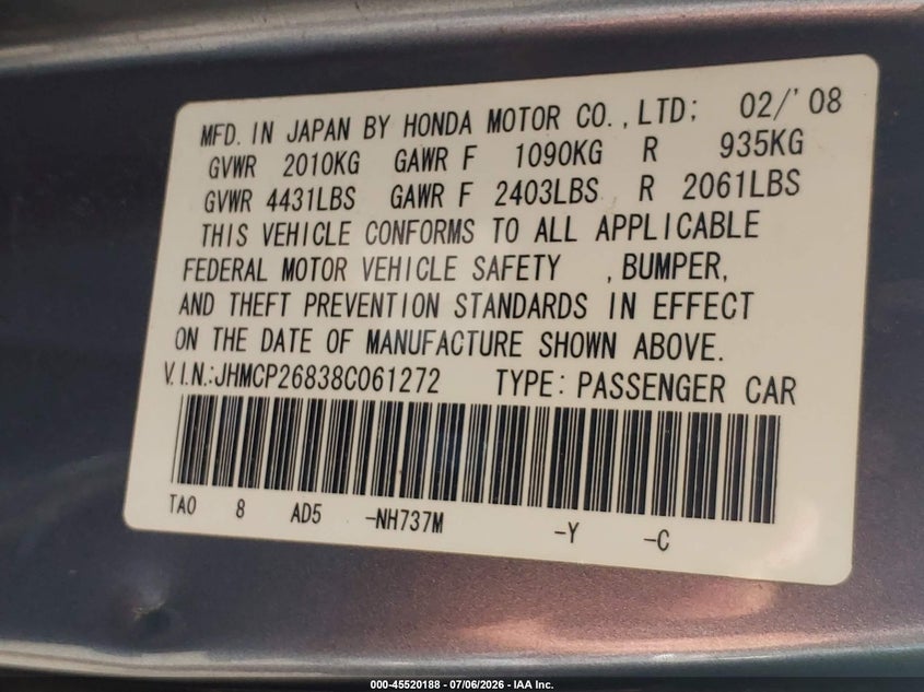 2008 Honda Accord VIN JHMCP26838C061272 IAAI salvage auction — FRONT END, Nrc Lienholder Repossession Paperwork (Louisiana), sold $225 on 2026-07-21 (photo 9)