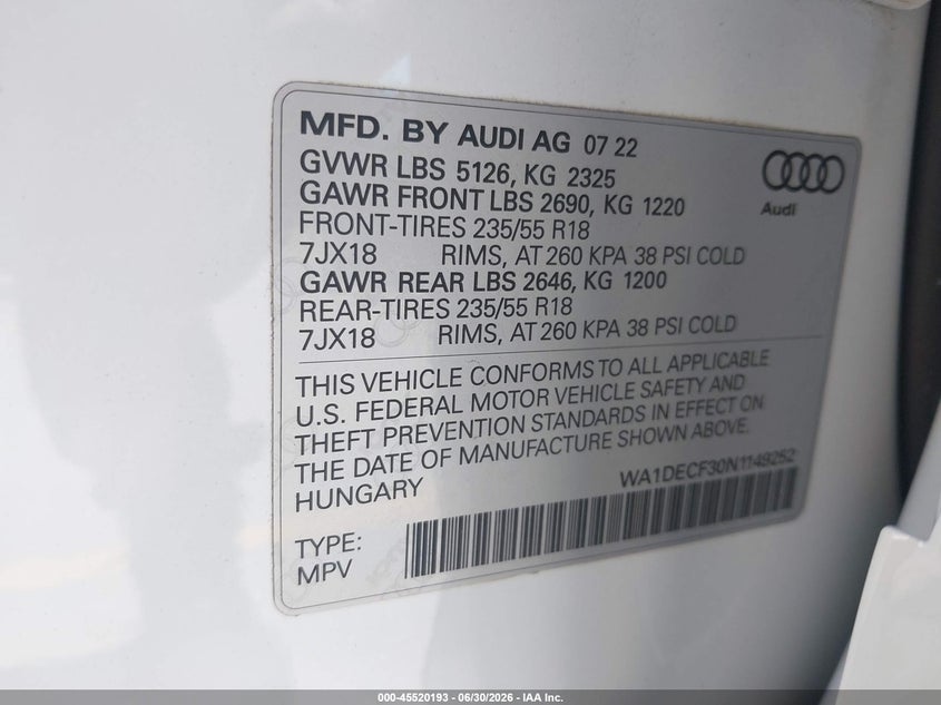 2022 Audi Q3 VIN WA1DECF30N1149252 IAAI salvage auction — ROLLOVER, Salvage Title, sold $25 on 2026-07-29 (photo 9)