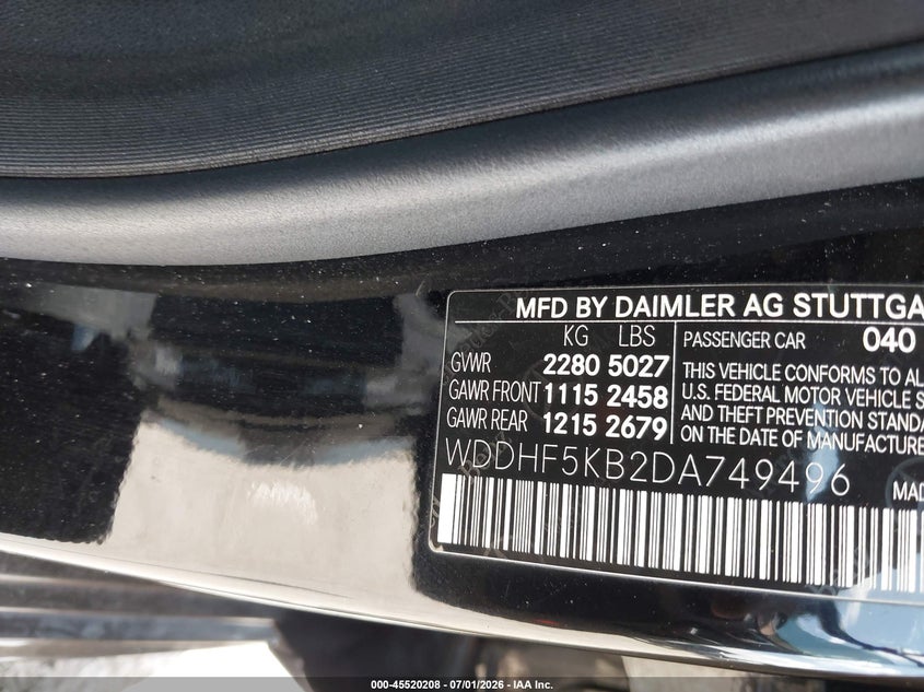 2013 Mercedes-benz E-klasse VIN WDDHF5KB2DA749496 IAAI salvage auction — RIGHT FRONT, Salvage Title, sold $1,550 on 2026-08-02 (photo 9)