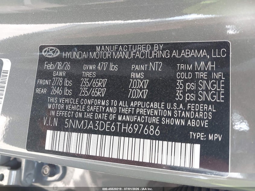 2026 Hyundai Tucson VIN 5NMJA3DE6TH697686 IAAI salvage auction — ROLLOVER, Wait Title, sold $7,000 on 2026-09-14 (photo 9)