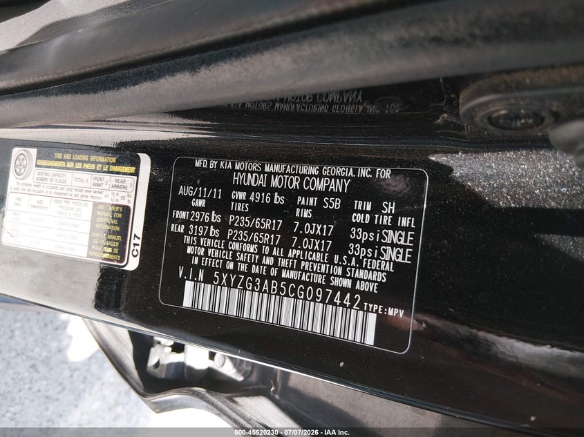 2012 Hyundai Santa fe VIN 5XYZG3AB5CG097442 IAAI salvage auction — NORMAL WEAR, Nrc Lienholder Repossession Paperwork (Texas), sold $775 on 2026-07-29 (photo 9)
