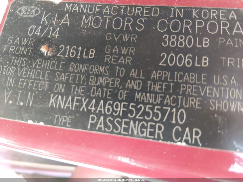 2015 Kia Forte VIN KNAFX4A69F5255710 IAAI salvage auction — REAR END, Nrc Lienholder Repossession Paperwork (Mississippi), sold $25 on 2026-07-27 (photo 9)